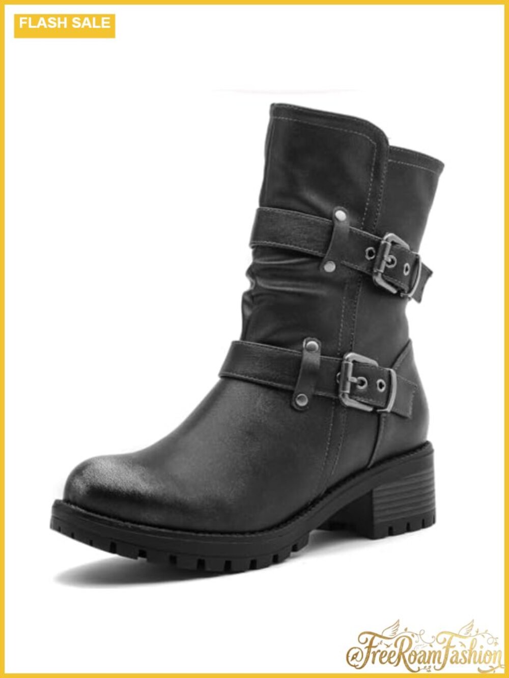 Faux Leather Motorcycle Ankle Boots Low Heel Biker Boots